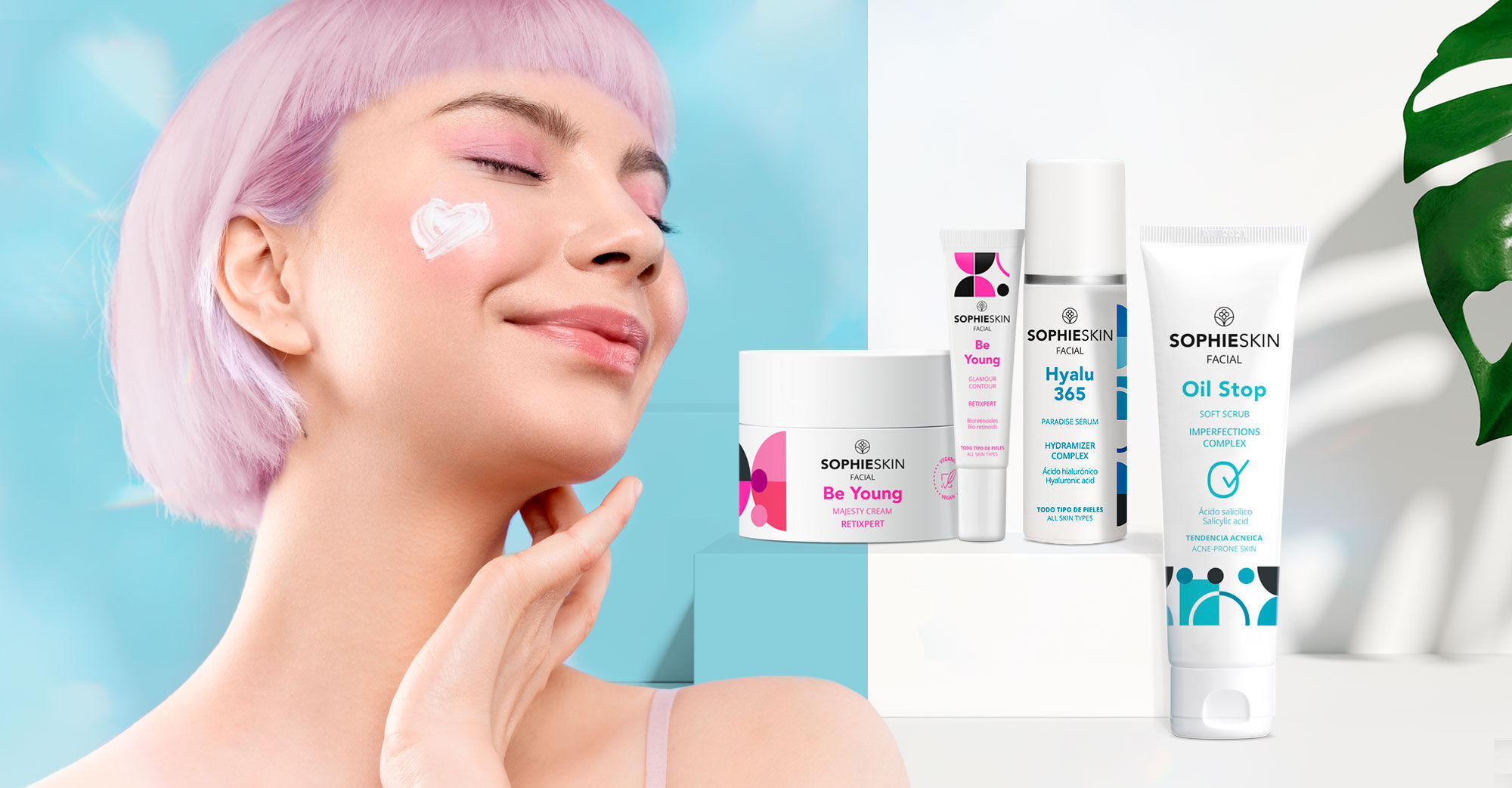 Imagen chica con pelo rosa sonriendo, ojos cerrados y crema en el p&oacute;mulo, al lado cuatro productos Sophieskin